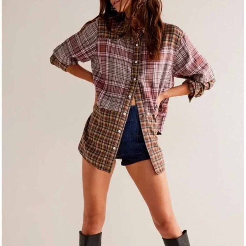 NWT Free People Layer It Up Plaid Top Womens Small Snap Overlay Long Sleeve $168 - Picture 2 of 12